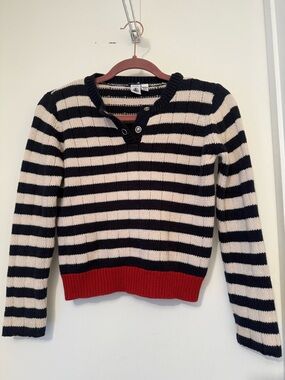 Petit Bateau Navy, Cream & Red Striped Button-Neck Sweater
